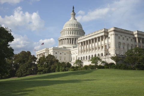 us capitol building with lawn in front and blue sky