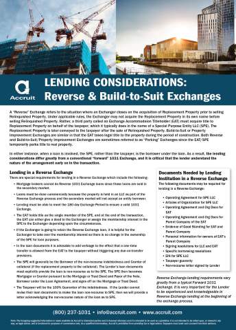 Lending Considerations in a Reverse 1031 Exchange