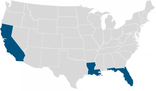 US Map with CA, FL and LA highlighted in blue