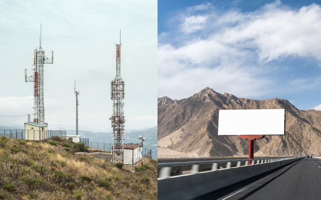 split image with cell tower on a hill on the left and a blank billboard along a highway on the right.